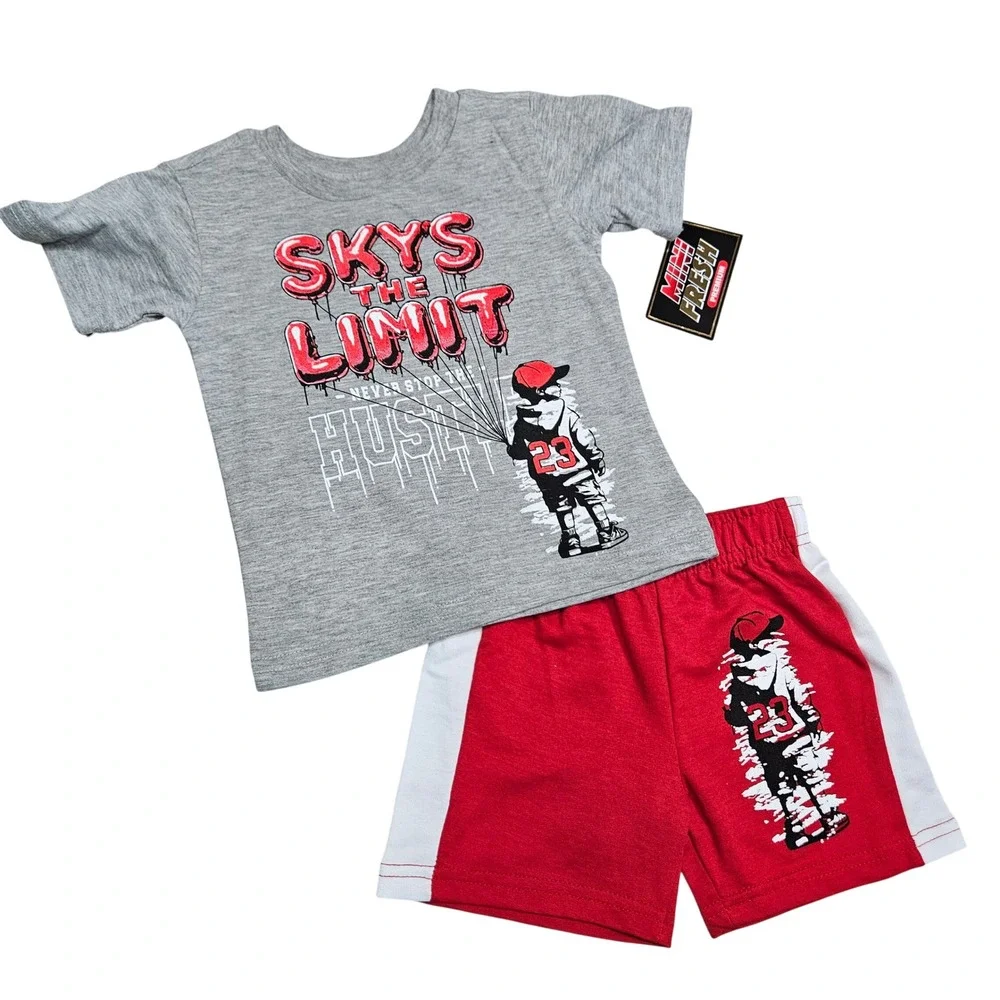 Mini Fresh‎ Short Set Boys 4T Gray Red Skys The Limit Graphic Streetwear Outfit